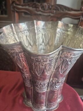 Ornate Silver-Tone Decorative Vase Or Planter - Elegant Home Accent